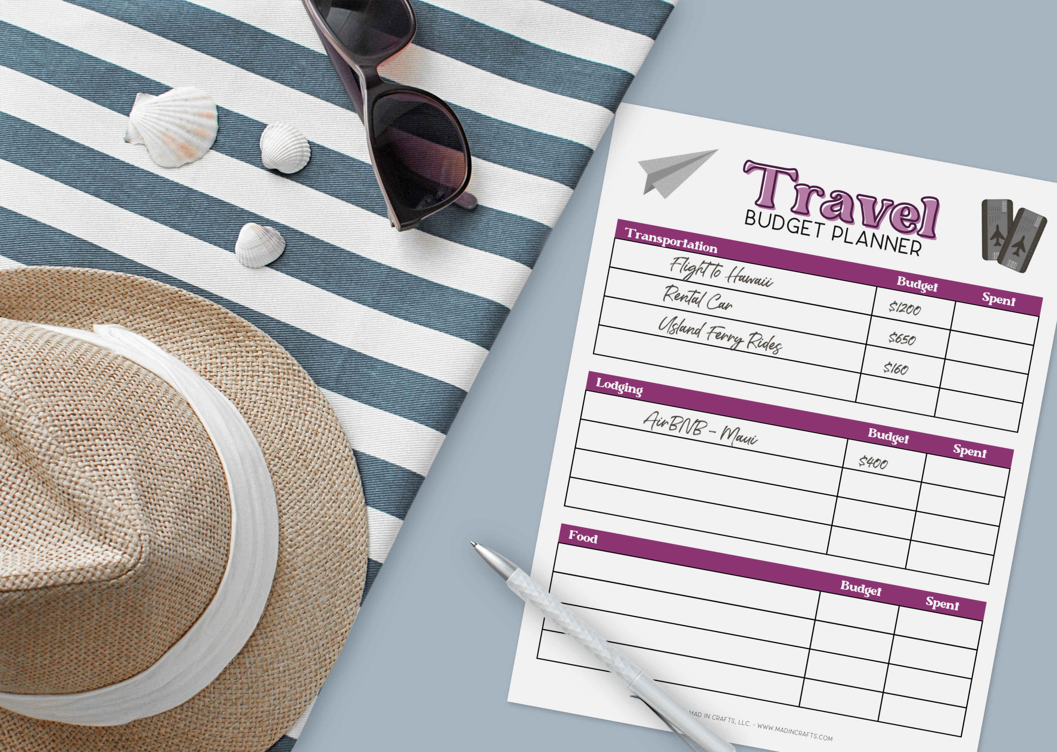 filled out printable travel budget worksheet on a blue background near a beach towel, hat, and sunglasses