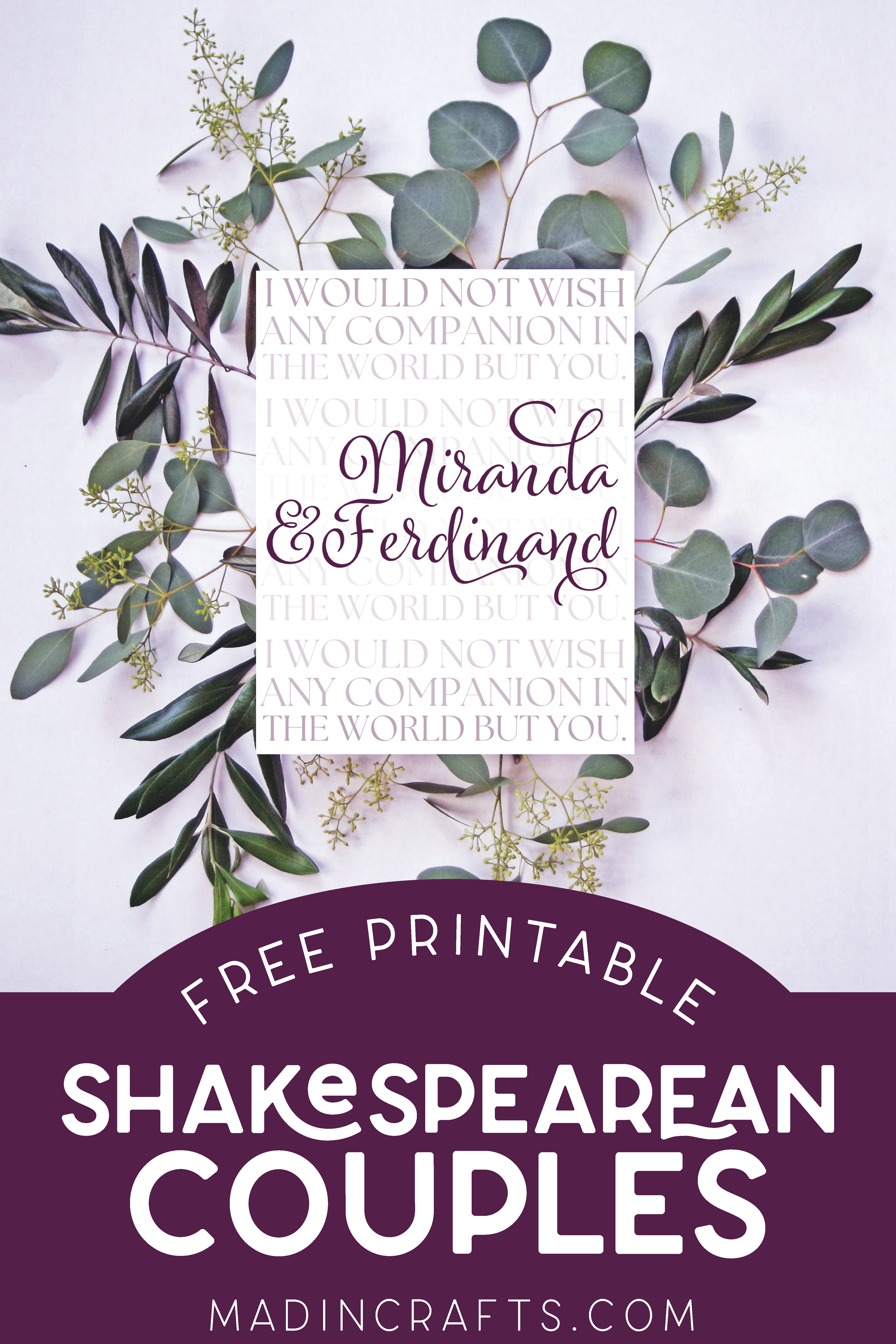 A printable featuring Miranda & Ferdinand from The Tempest sitting on preserved florals.