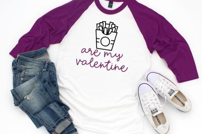 Fries are my Valentine SVG on a purple and white baseball shirt