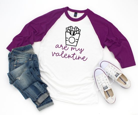Fries are my Valentine SVG on a purple and white baseball shirt