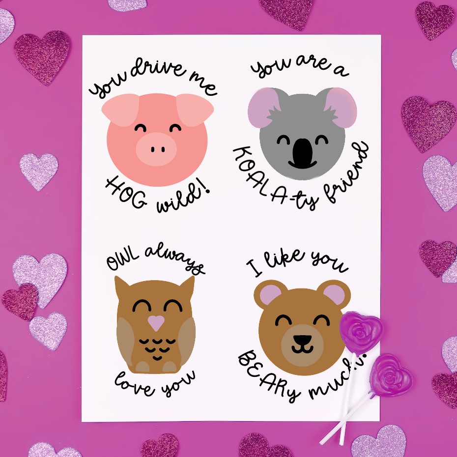sheet of printable animal valentines by glitter hearts