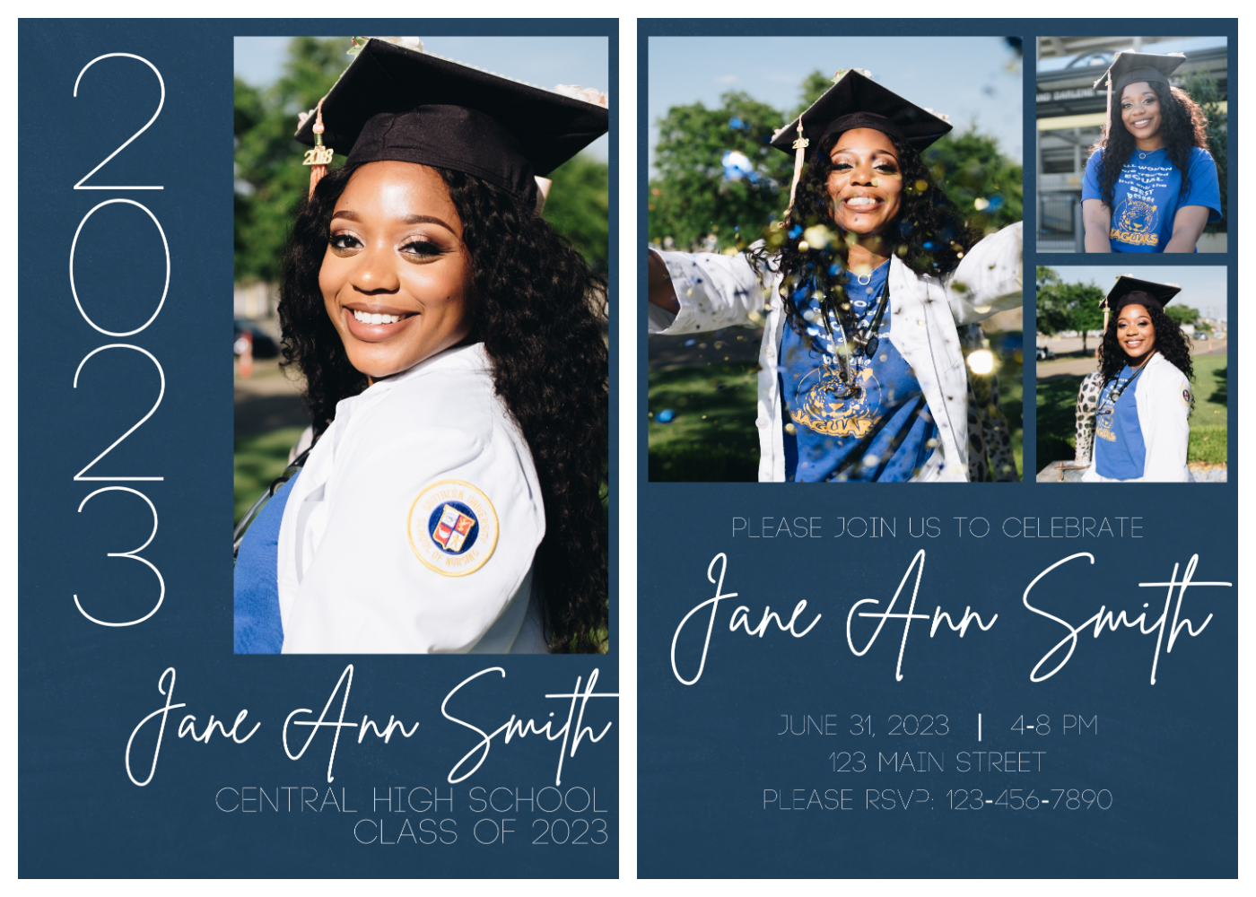 collage showing the front and back of the graduation invitation