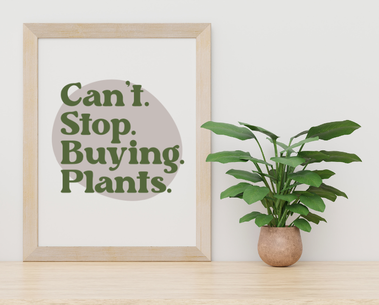 Framed Can't Stop Buying Plants print near a houseplant