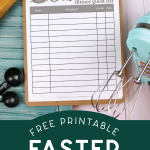 clipboard holding an Easter dinner guest list printable near baking tools