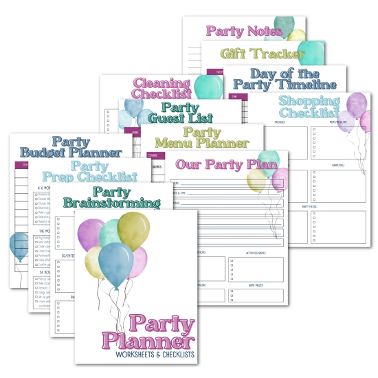 collage of party planning printables