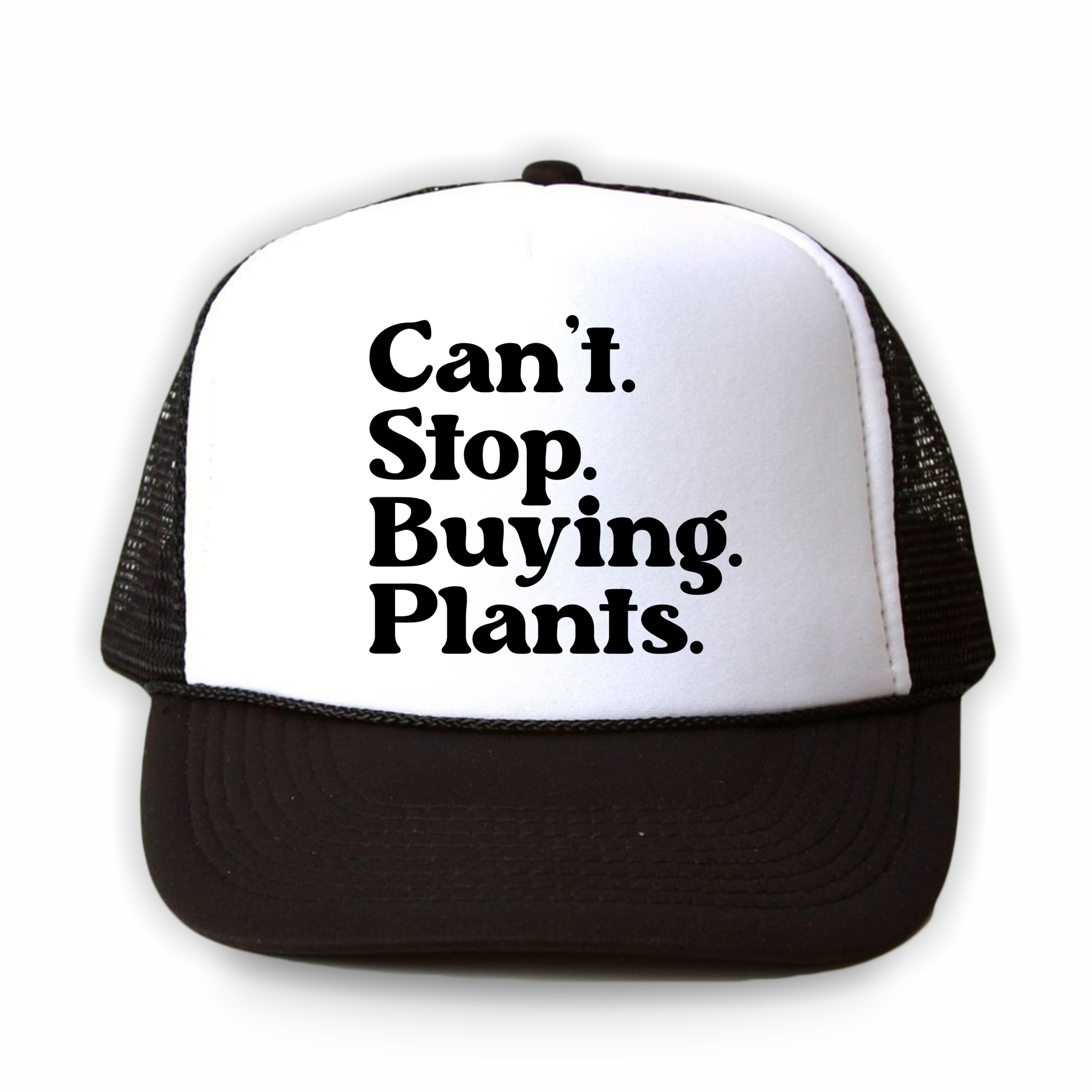 Can't Stop Buying Plants SVG sublimated onto a trucker hat.