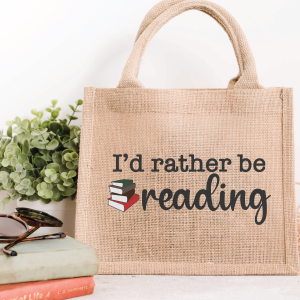 burlap tote bag with I'd Rather Be Reading SVG