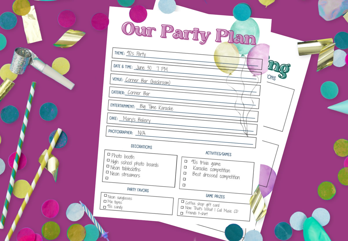 Two party planning printables on a purple background surrounded by confetti.