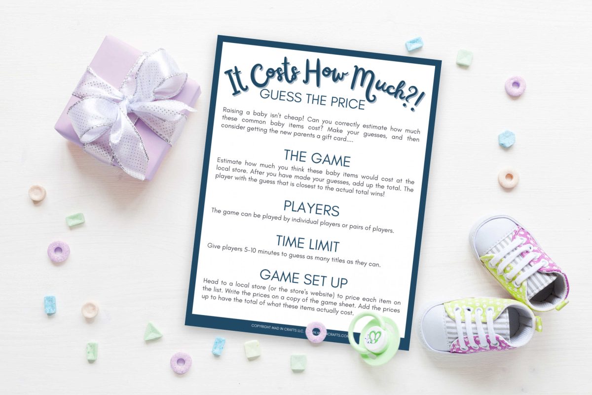 Top down view of printable baby shower guessing game rules near baby shower decorations