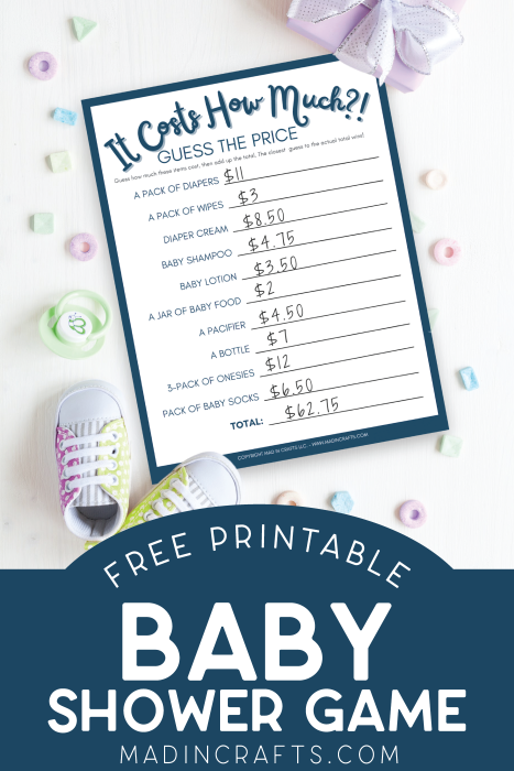 Filled out printable baby shower guessing game near baby shower decorations