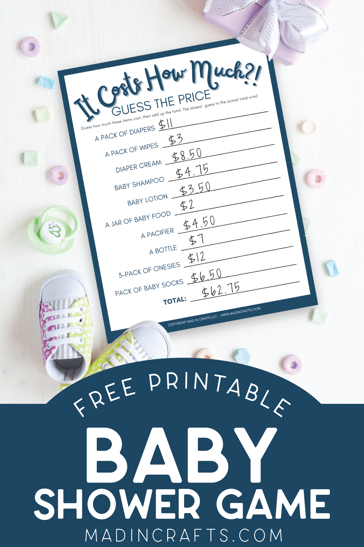 Filled out printable baby shower guessing game near baby shower decorations