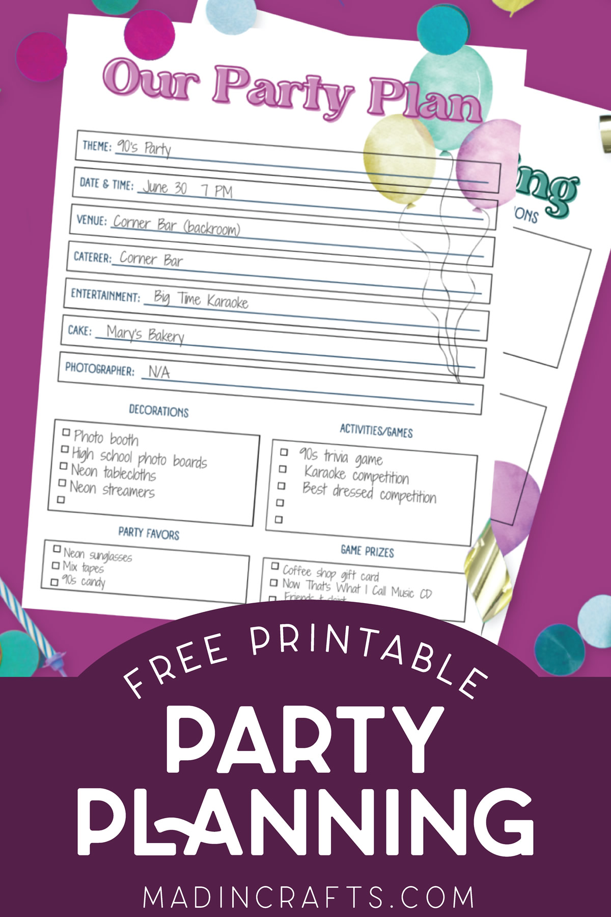 Two party planning printables on a purple background surrounded by confetti.