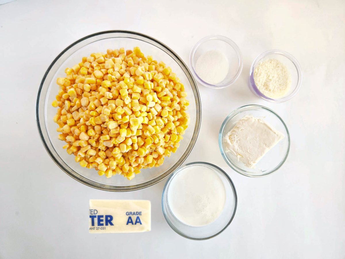 Flat lay of the ingredients needed to make Mexican street corn casserole