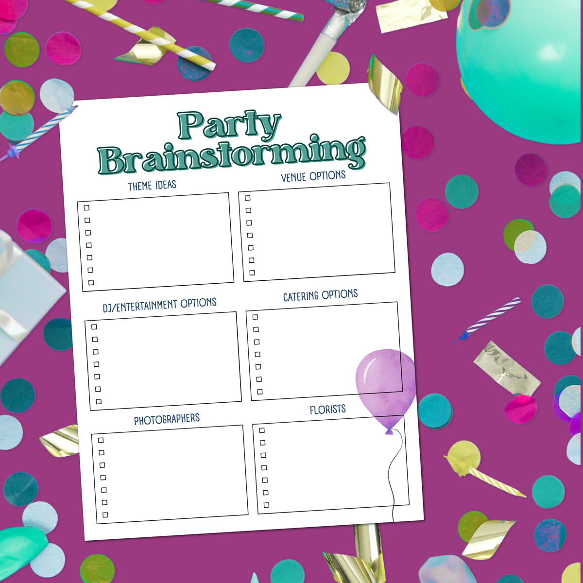A party brainstorming printable on a purple background surrounded by confetti.