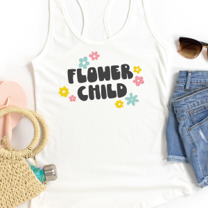 Flower Child SVG on a white tank top near jean shorts