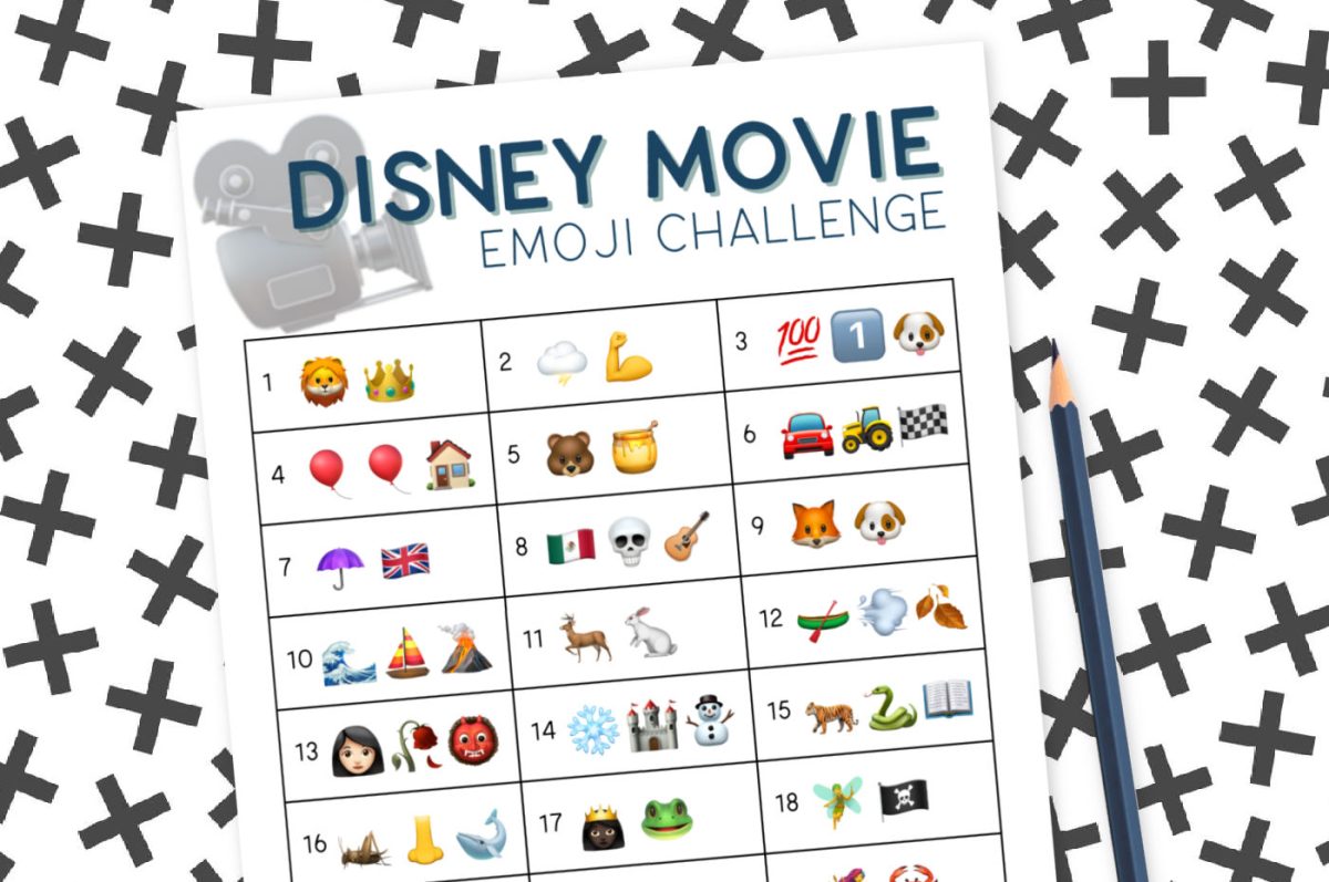 A printable Disney emoji game and a blue pencil on a patterned background