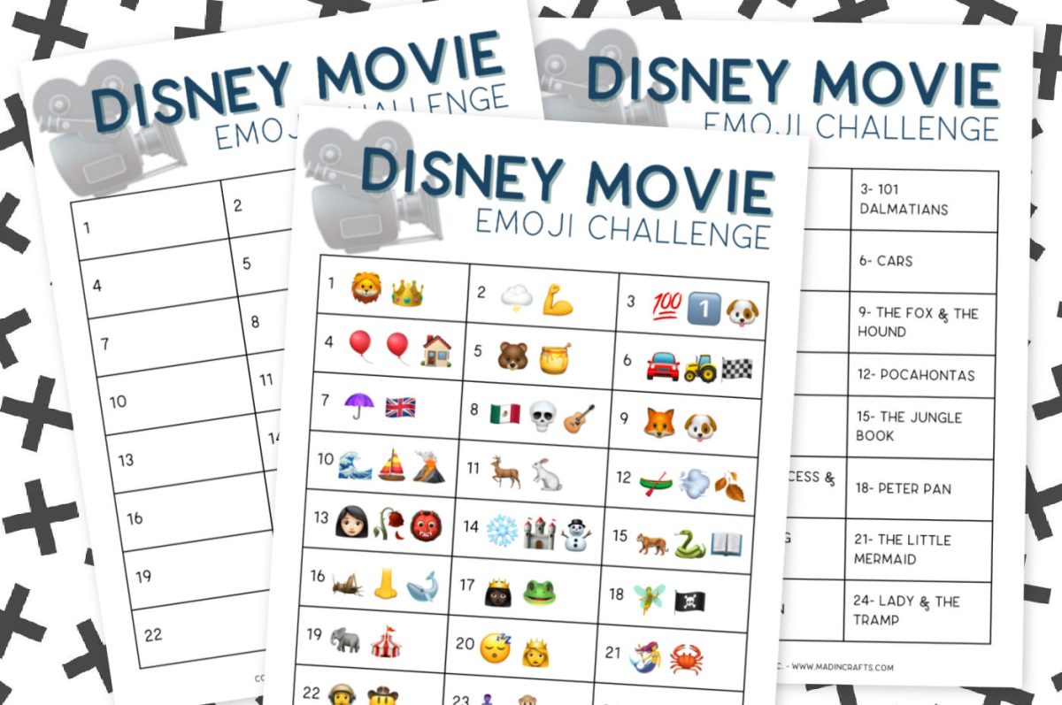 Three printables for a Disney emoji game on a patterned background