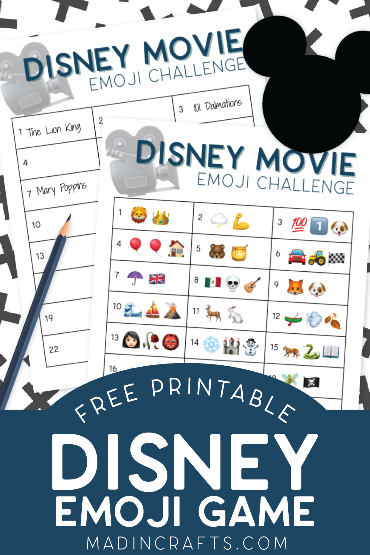 Two printables for a Disney emoji game on a patterned background