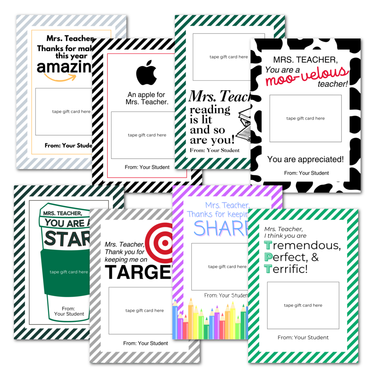 Collage of teacher appreciation gift card holders