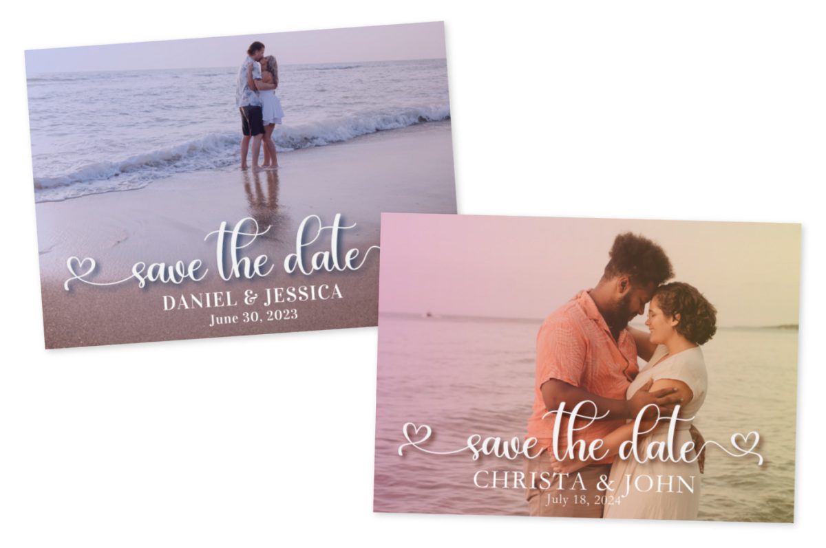 Collage of two save the date cards made with the same Canva template