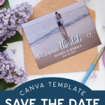 Photo save the date card on a kraft paper envelope near lilacs