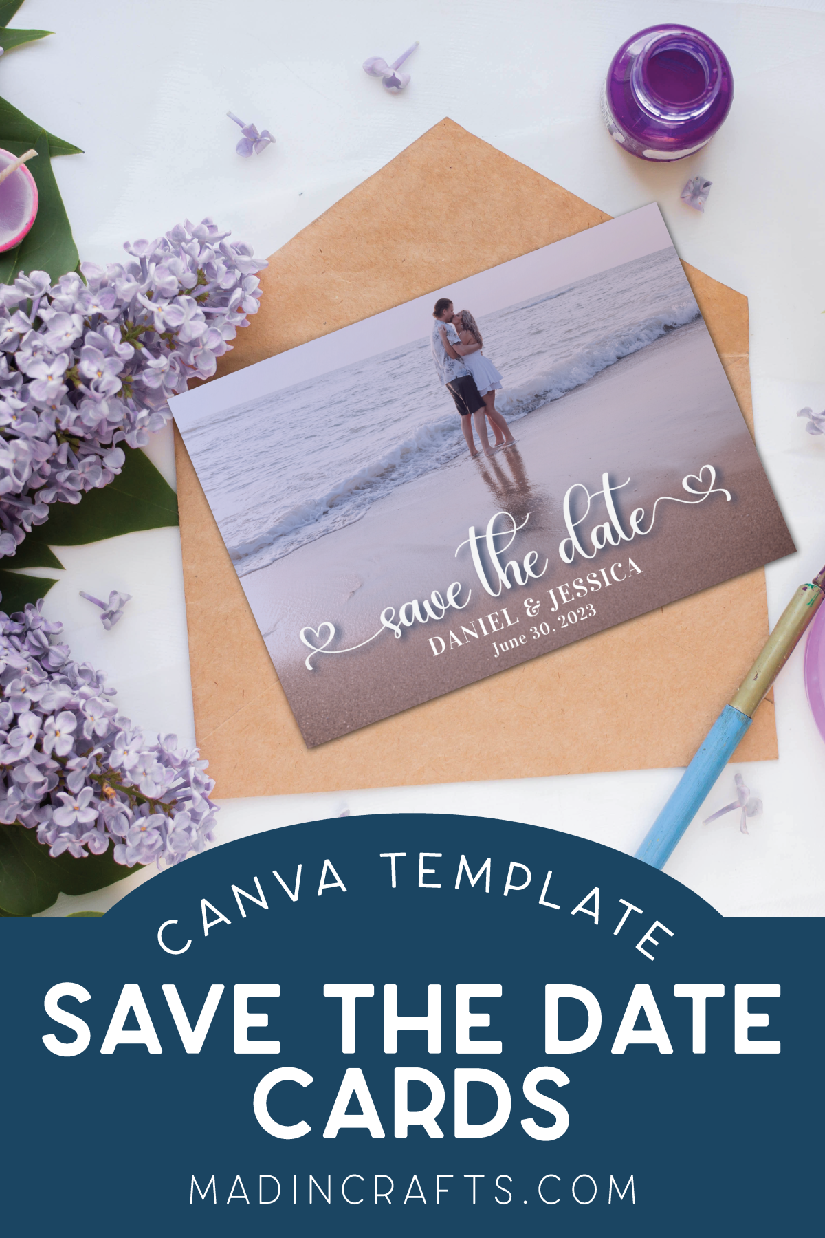 Photo save the date card on a kraft paper envelope near lilacs