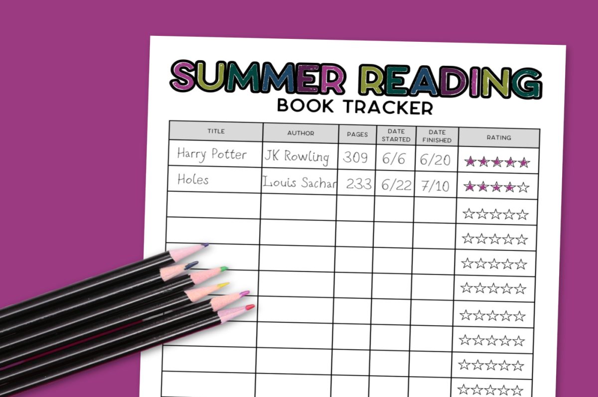 Book tracker coloring page on a purple background near colored pencils