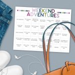 A printable local adventure calendar near shoes, a bag, and jeans.