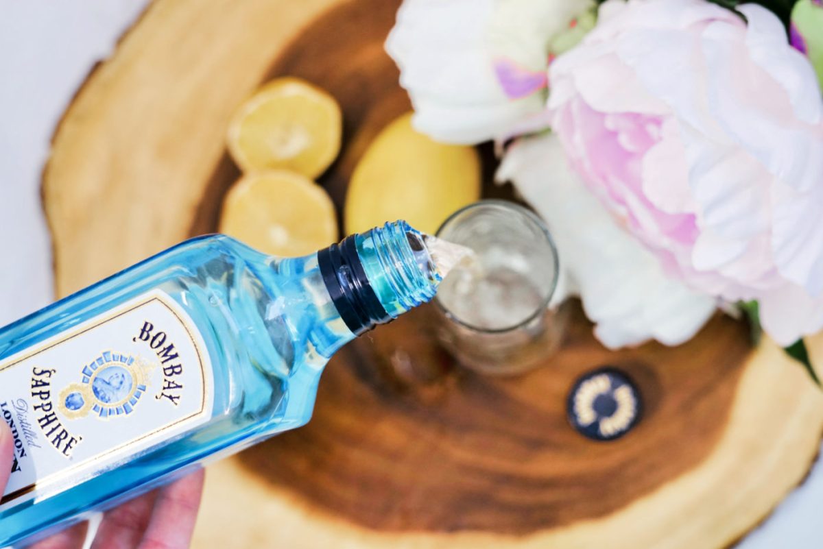 Bombay Sapphire gin being poured into a glass