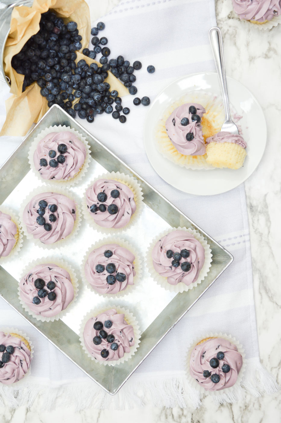 A tray full of blueberry cream cheese cupcakes near loose fresh blueberries