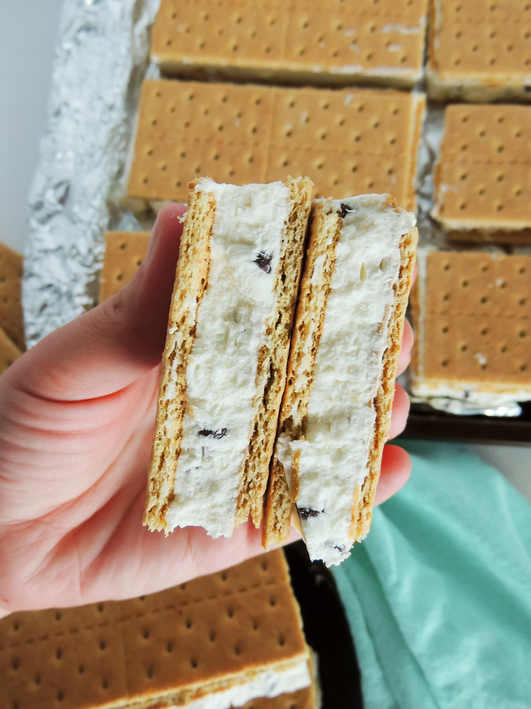 White woman's hand holding a homemade ice cream sandwich that has been cut in half