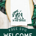 White kitchen towel with Welcome to Our Campsite design