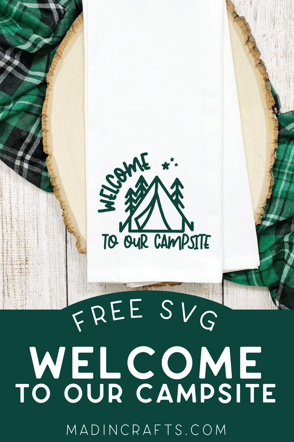 White kitchen towel with Welcome to Our Campsite design
