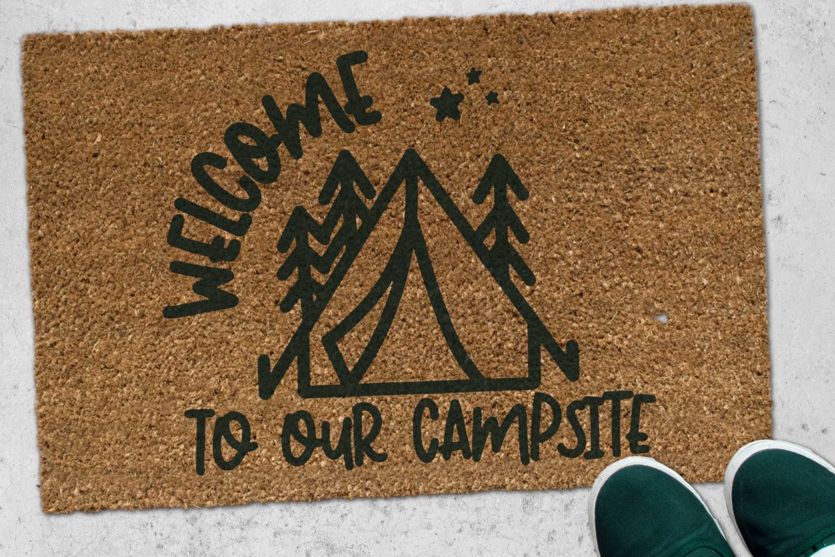 Coir doormat with a Welcome to Our Campsite design