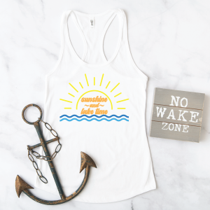 White tank with a Sunshine and Lake Time design