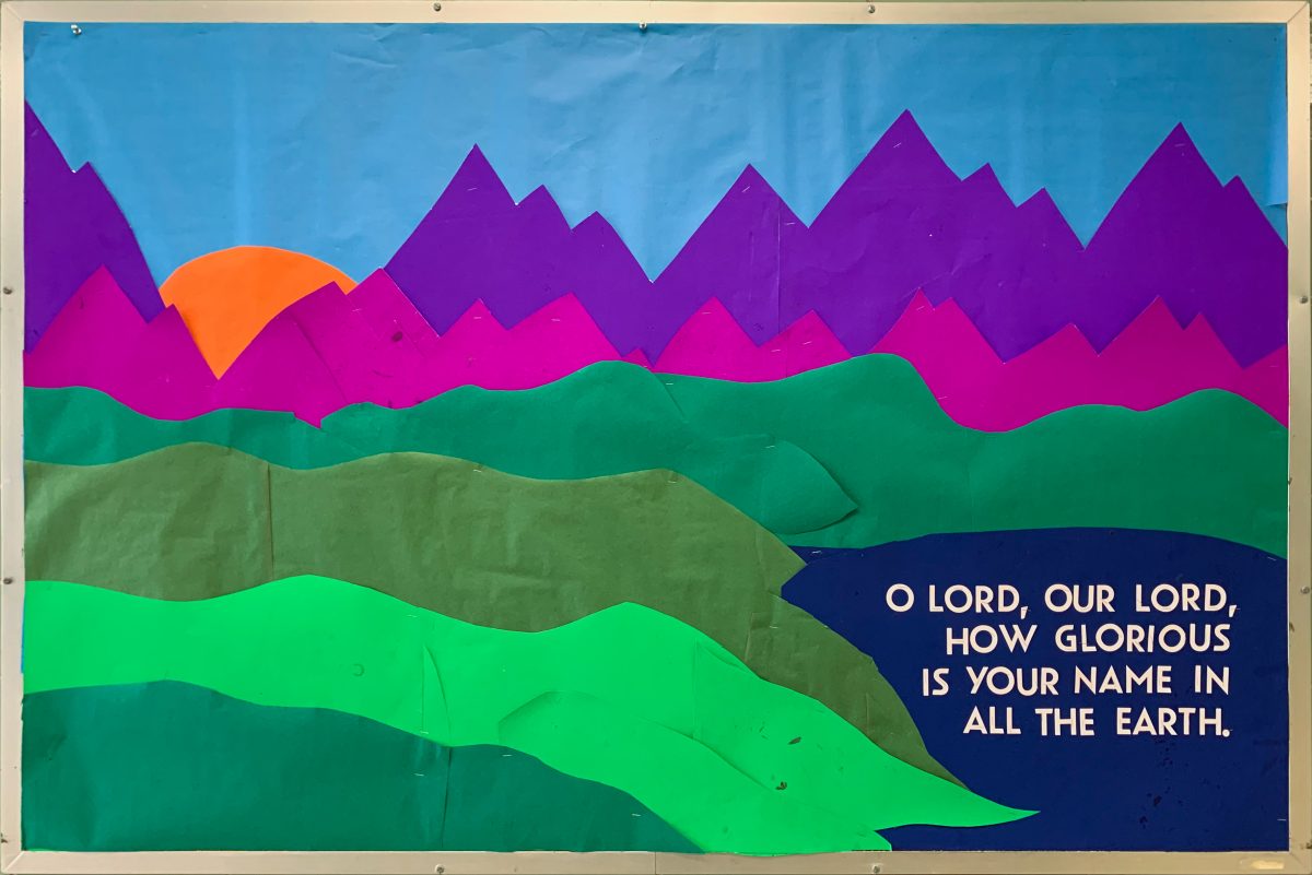 Colorful mountain scene bulletin board