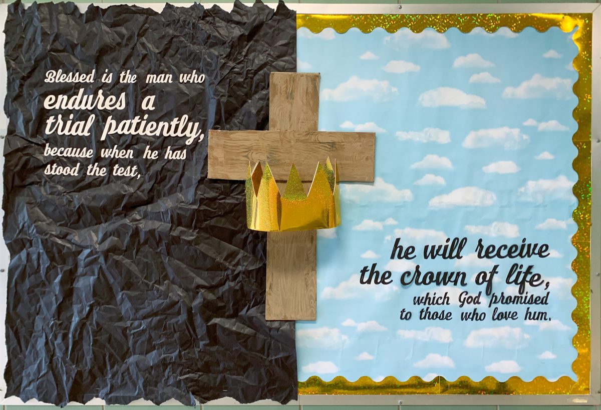 Christian bulletin board with a cross and crown design