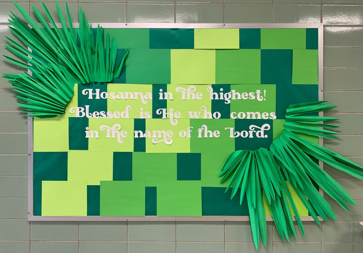 Green Palm Sunday themed bulletin board