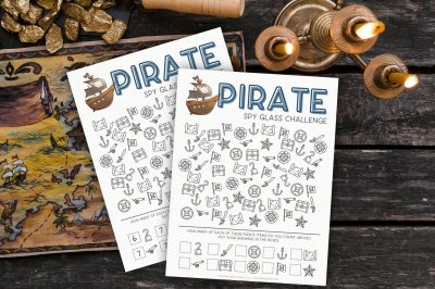 pirate I-spy printable and answer key near pirate decor and a treasure map
