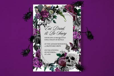 Glam Halloween invitation made with Canva on a purple background