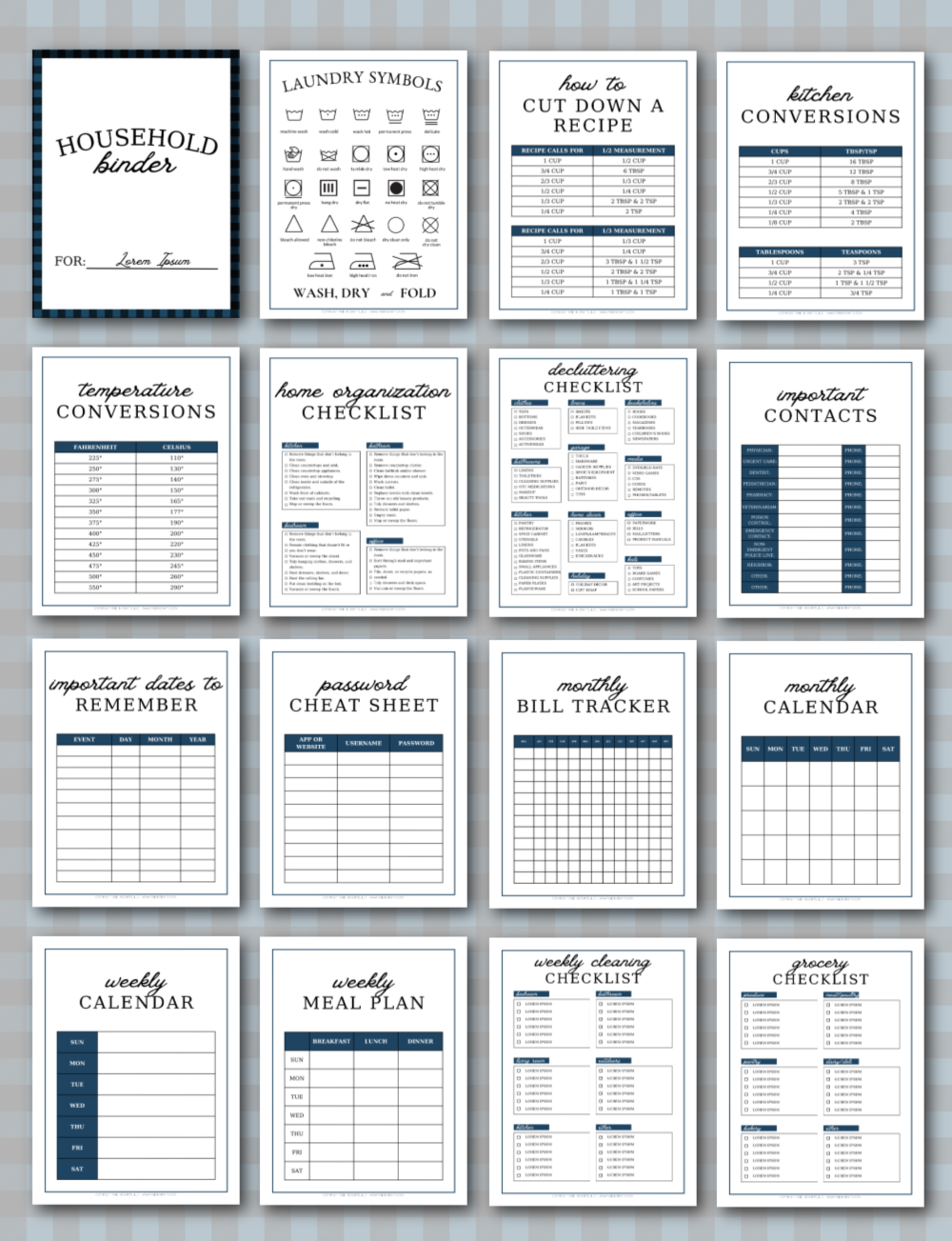 Collage of household binder printable templates