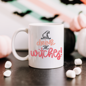 Mug with Drink Up Witches SVG near Halloween decor