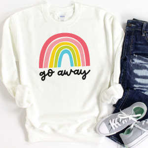 Long sleeved white shirt with a rainbow design that reads: Go Awa