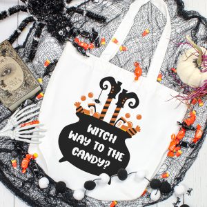 Tote bag with Witch Way to the Candy SVG
