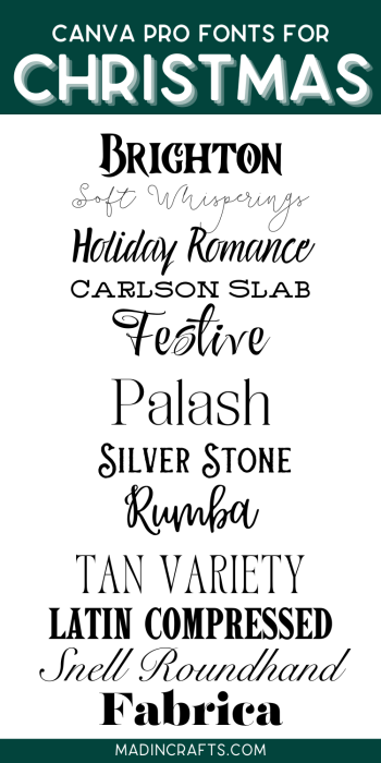 Graphic showing Canva Pro fonts for Christmas