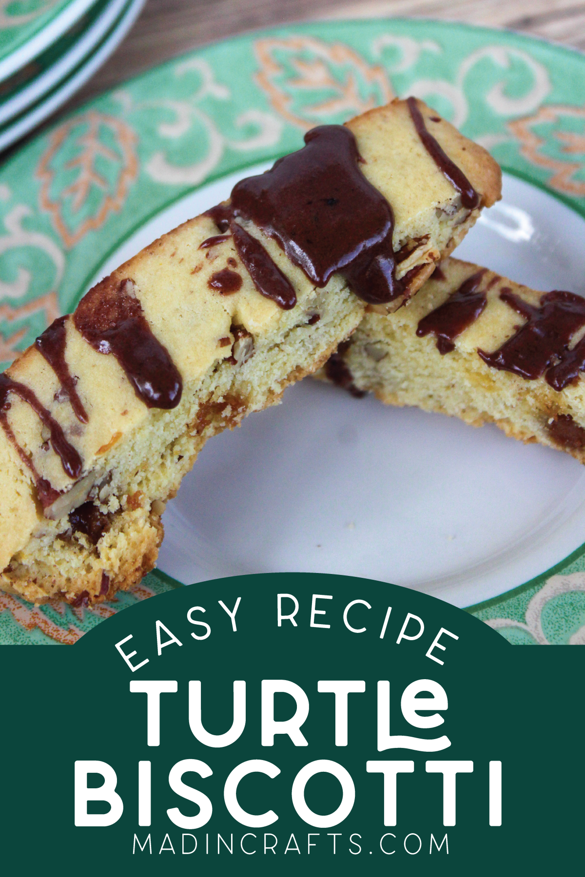homemade turtle biscotti on a green plate