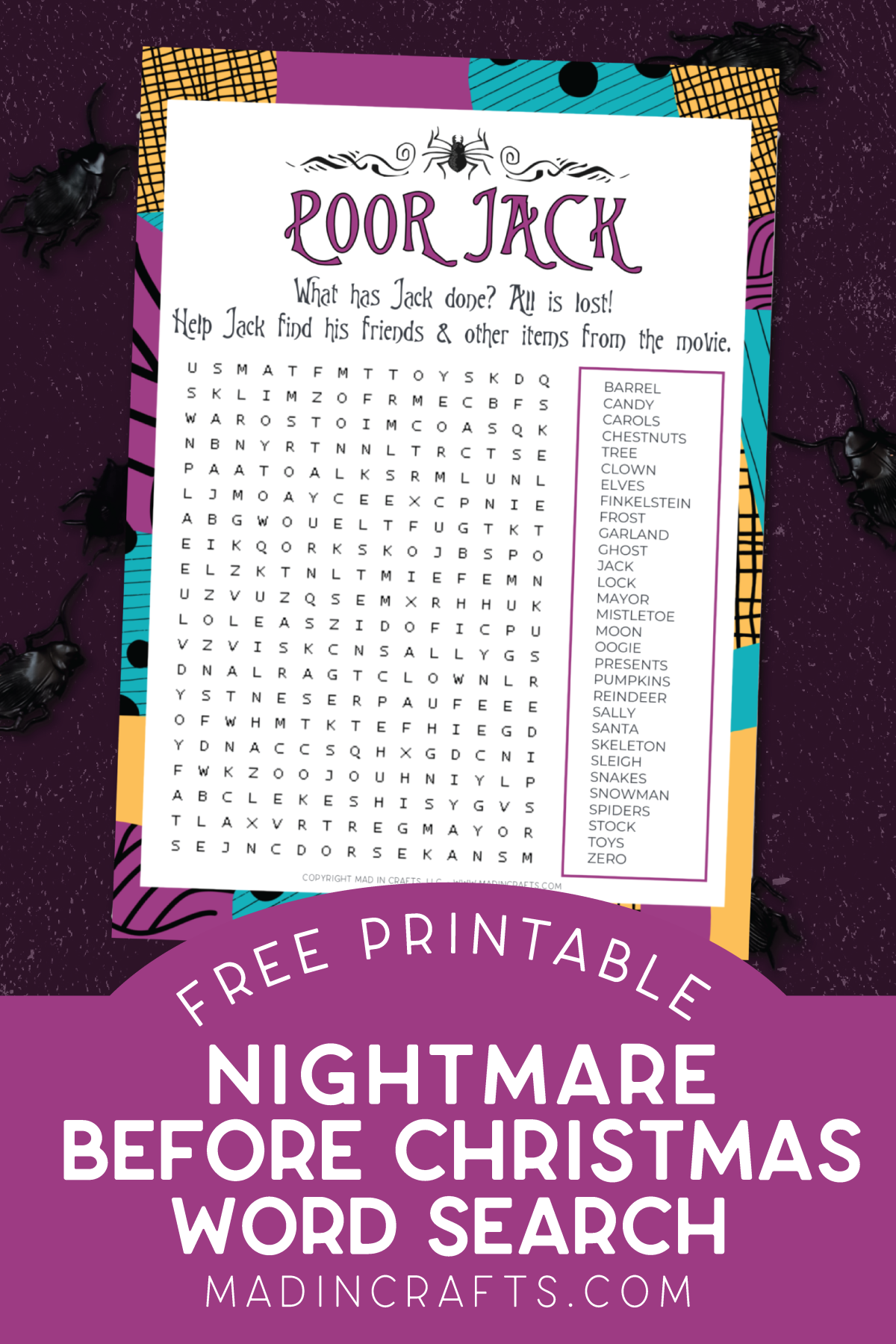 printable Nightmare Before Christmas word search on a distressed purple background