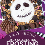 Finished Jack Skellington frosting board near party supplies