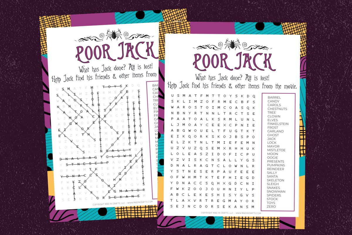 printable Nightmare Before Christmas word search and answer key on a distressed purple background