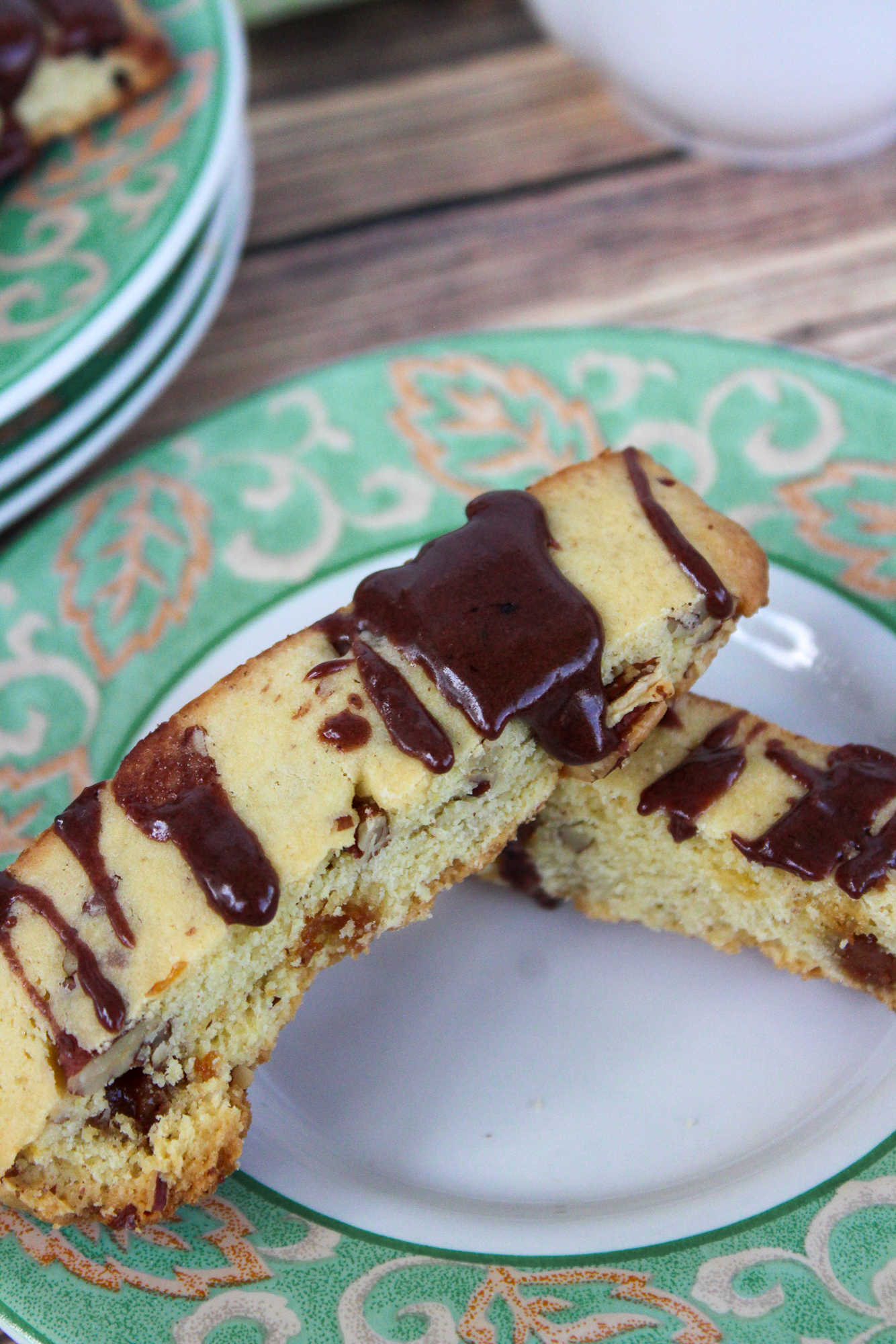 chocolate drizzle on homemade turtle biscotti